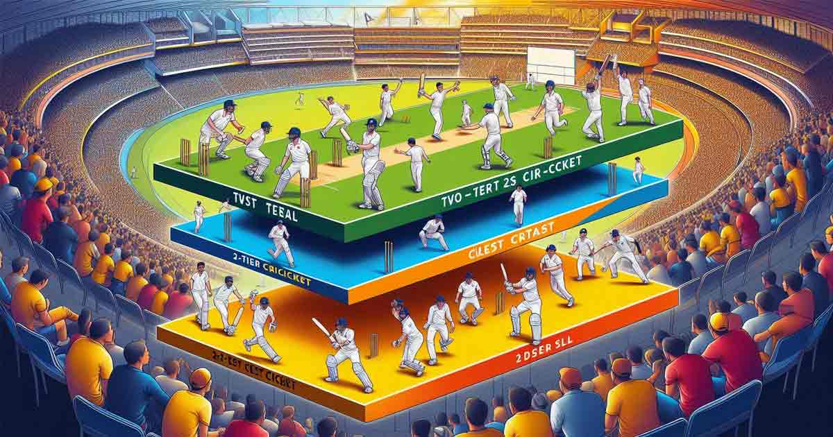 detailed infographic illustrating a two-tier test cricket model