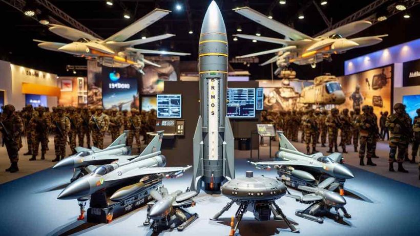 high-tech Indian Army weapons display featuring the BrahMos missile and Hornet drones