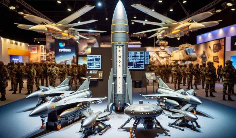 high-tech Indian Army weapons display featuring the BrahMos missile and Hornet drones