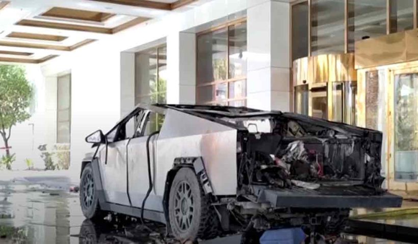 Explosion on Tesla's car near Trumps tower in Las Vegus