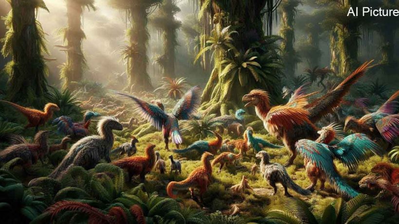 A group of feathered dinosaurs in a prehistoric landscape, showcasing their vibrant plumage and diverse feather patterns