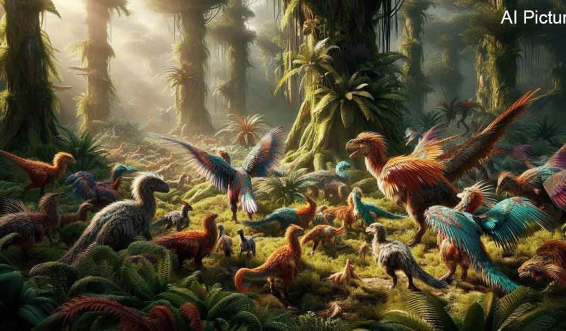 A group of feathered dinosaurs in a prehistoric landscape, showcasing their vibrant plumage and diverse feather patterns