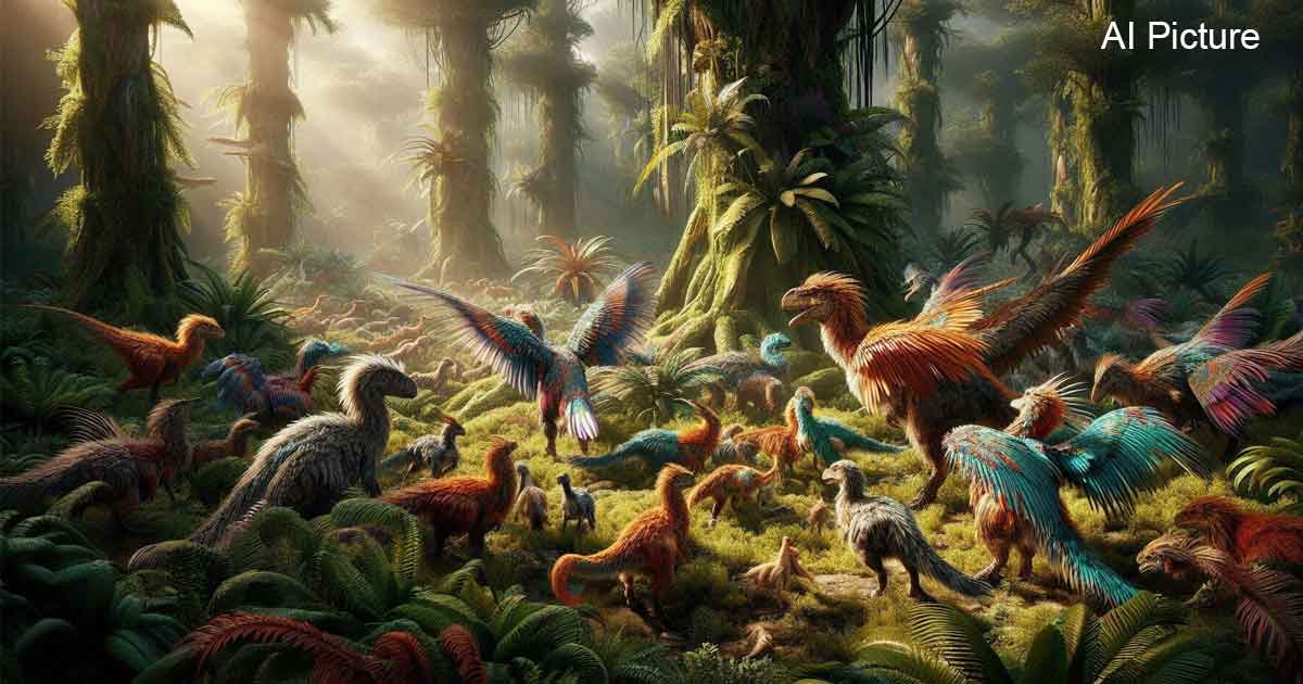 A group of feathered dinosaurs in a prehistoric landscape, showcasing their vibrant plumage and diverse feather patterns