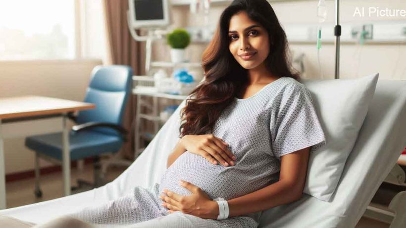 An Indian pregnant woman in a hospital room, sitting on a hospital bed with a gentle smile on her face