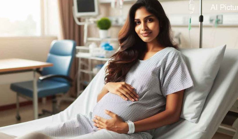 An Indian pregnant woman in a hospital room, sitting on a hospital bed with a gentle smile on her face