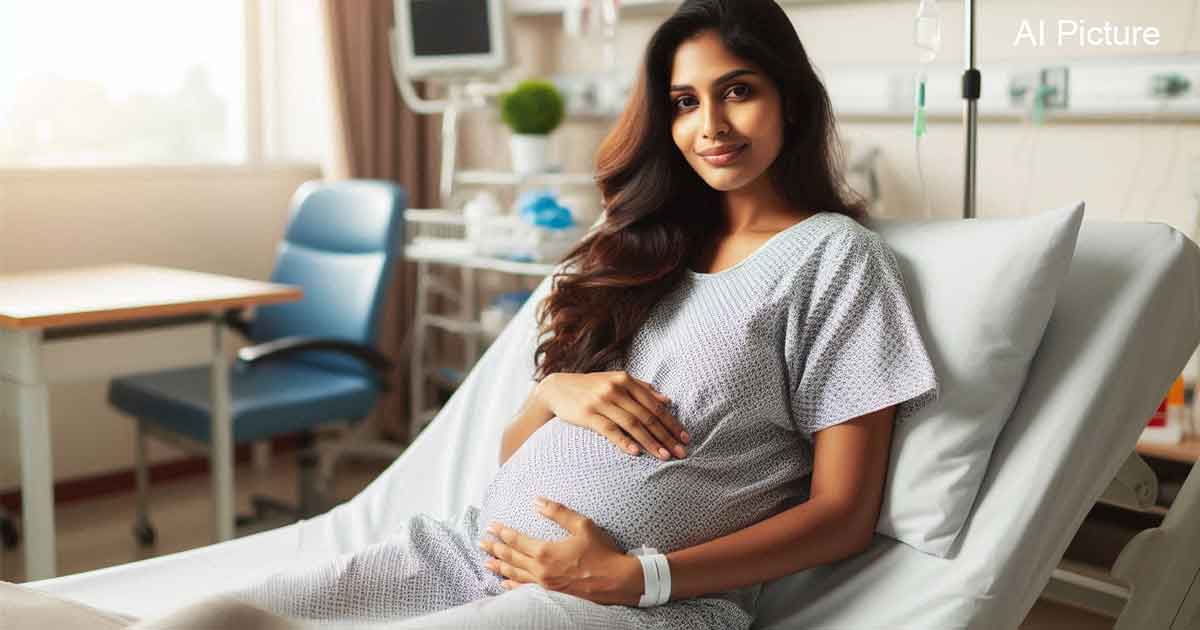 An Indian pregnant woman in a hospital room, sitting on a hospital bed with a gentle smile on her face