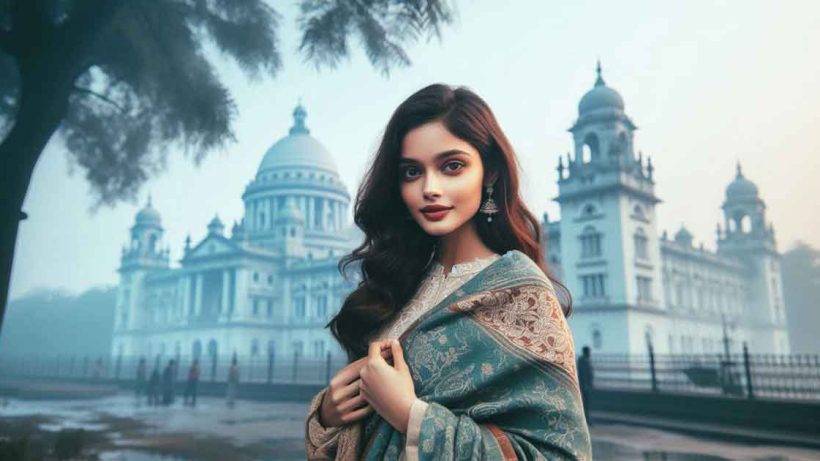 beautiful young Bengali lady standing in a picturesque winter scene in Kolkata