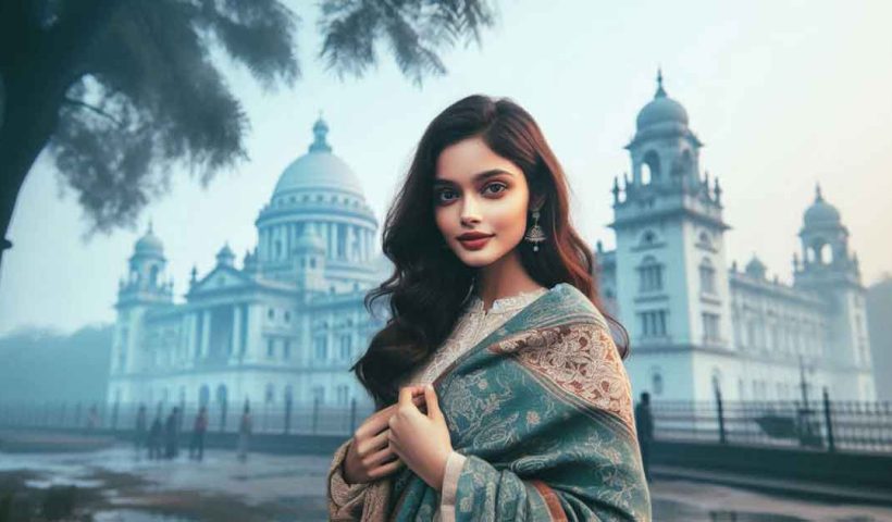 beautiful young Bengali lady standing in a picturesque winter scene in Kolkata