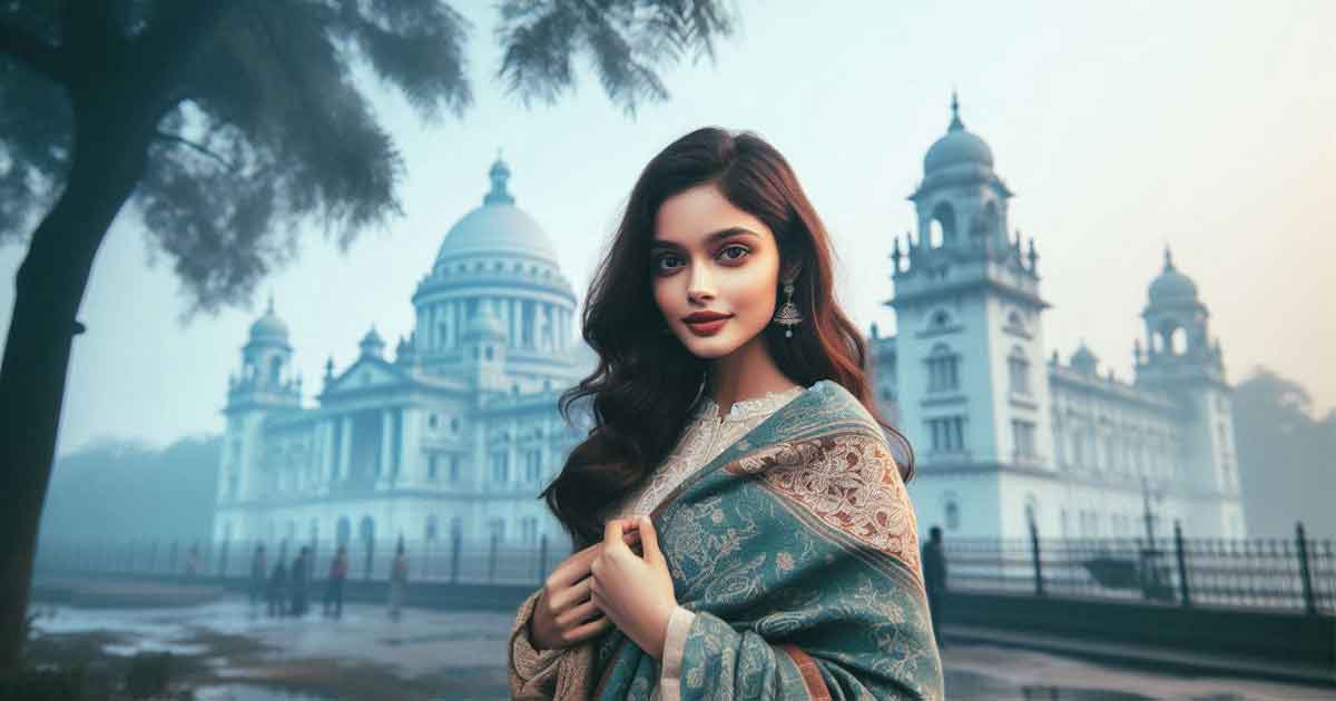 beautiful young Bengali lady standing in a picturesque winter scene in Kolkata