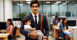 A single male government employee in India, dressed in formal attire, holding a child in his arms