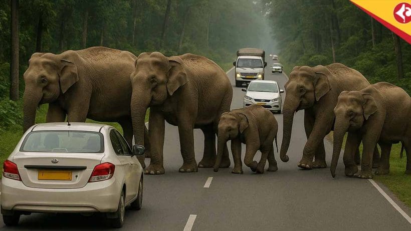 Elephant Herd Halts Traffic on Kartika Jungle State Road in Alipurduar