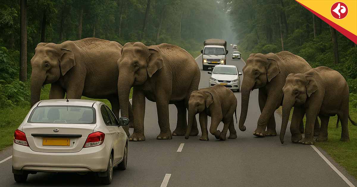 Elephant Herd Halts Traffic on Kartika Jungle State Road in Alipurduar