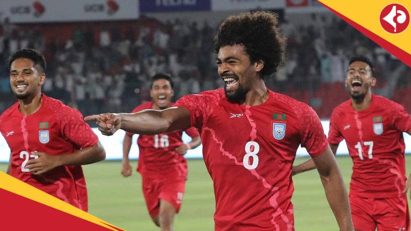 Hamza Choudhury celebrates his first goal for Bangladesh Football Team