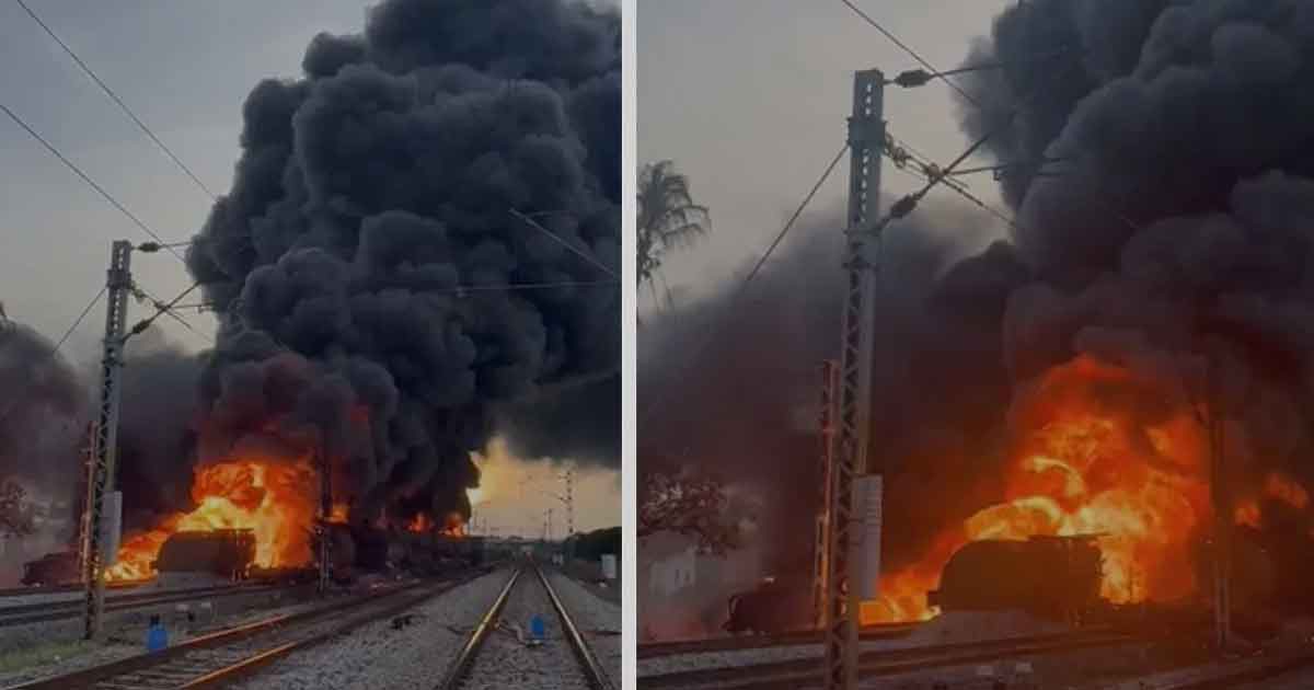 তেলবোঝাই ট্রেনে ভয়াবহ আগুন, পরপর বিস্ফোরণে কেঁপে উঠল এলাকা