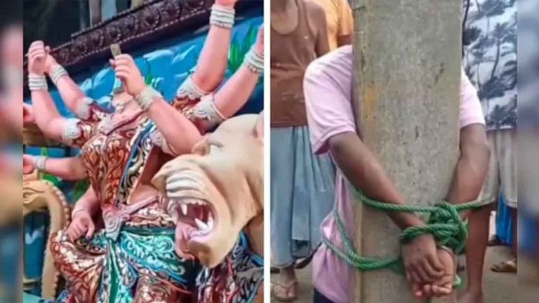 দুর্গা প্রতিমার মুখ চুরির অভিযোগ, খুঁটির সঙ্গে বেঁধে মারধর
