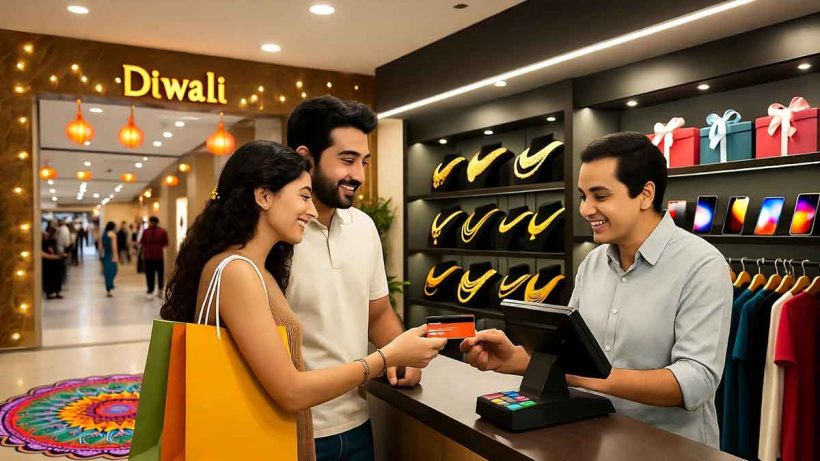 A realistic festive shopping scene inside a modern Indian mall