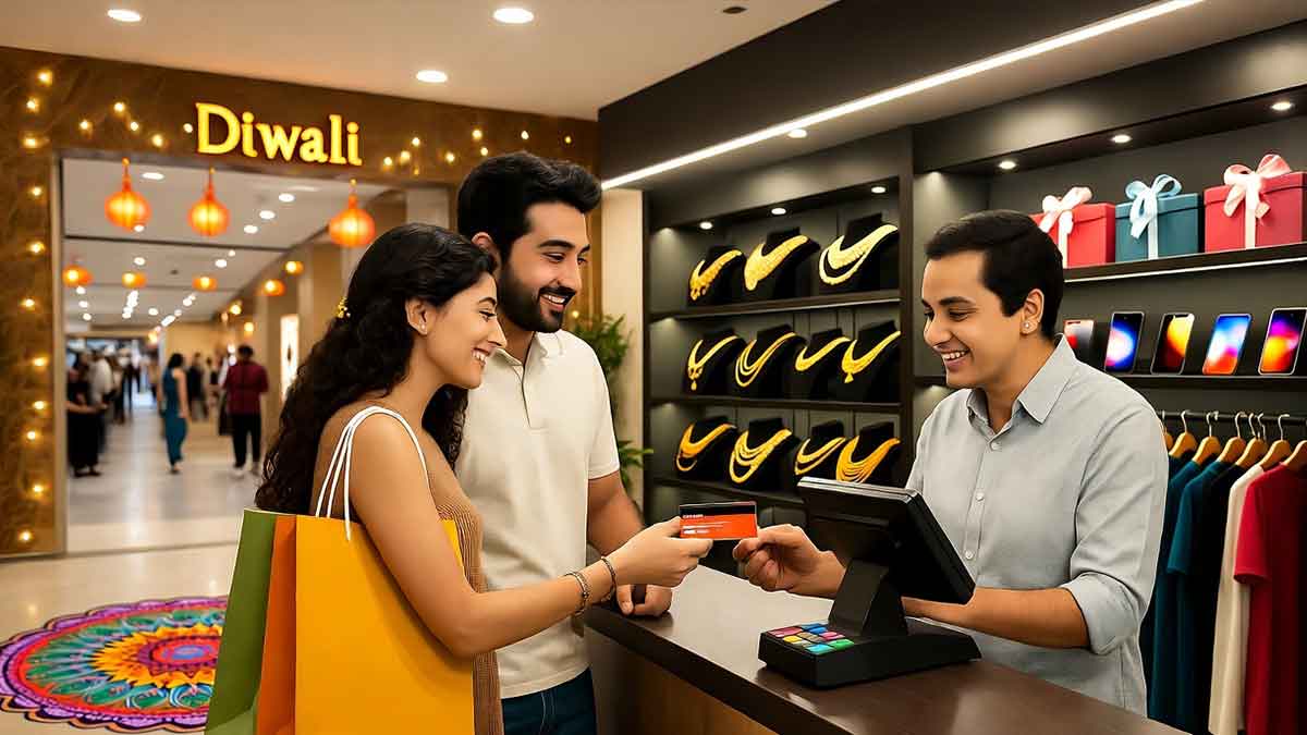 A realistic festive shopping scene inside a modern Indian mall