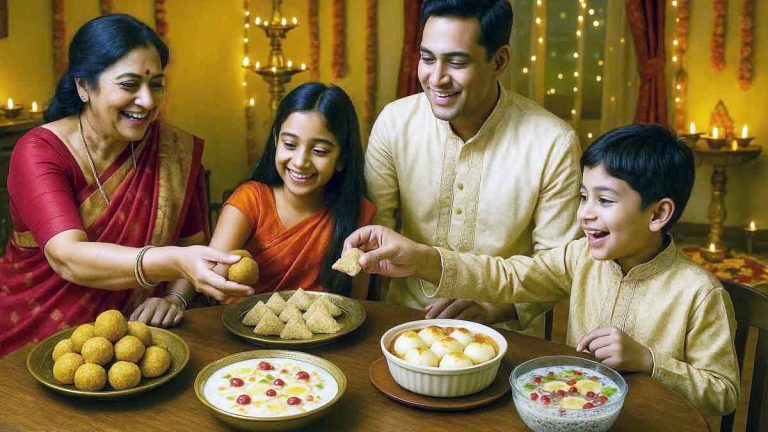 Healthy sweets, festive recipes, jaggery laddoo, oats sandesh, baked rosogolla, low sugar gajar halwa, chia seed pudding, Indian festive food 2025