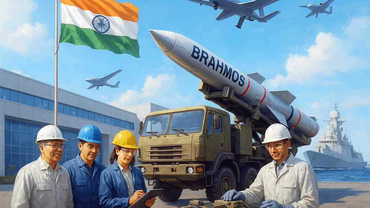 India targets ₹50,000 crore defence exports by 2029 under Modi government. From BrahMos missiles to drones, Make in India boosts global presence.