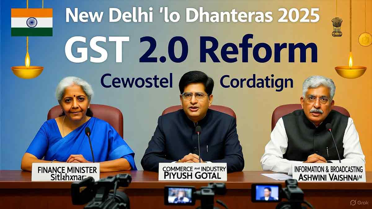 On Dhanteras 2025, Finance Minister Nirmala Sitharaman, Piyush Goyal, and Ashwini Vaishnaw will hold a joint press conference to discuss GST 2.0 reforms and their impact on India’s economy and festive sales.
