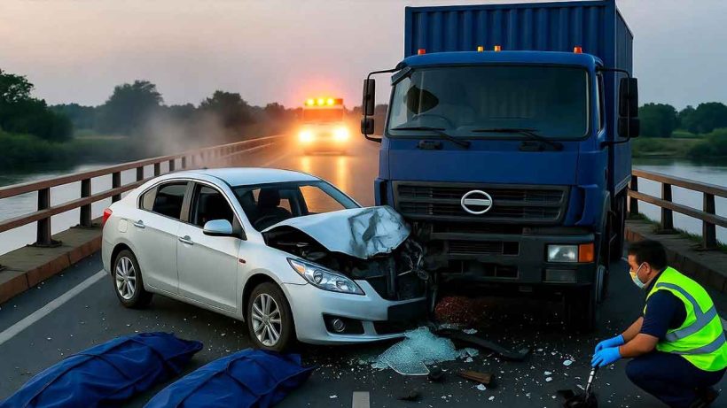Six killed and two injured in a head-on car-truck collision in Barabanki, Uttar Pradesh. The accident occurred on Kalyani river bridge; car entered wrong lane. Truck driver absconding.