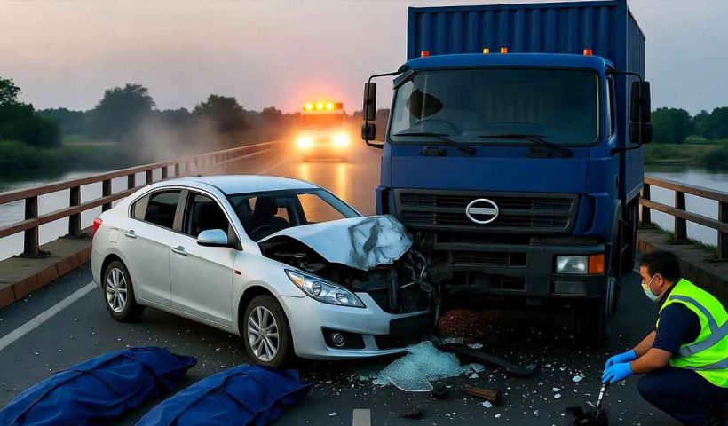 Six killed and two injured in a head-on car-truck collision in Barabanki, Uttar Pradesh. The accident occurred on Kalyani river bridge; car entered wrong lane. Truck driver absconding.