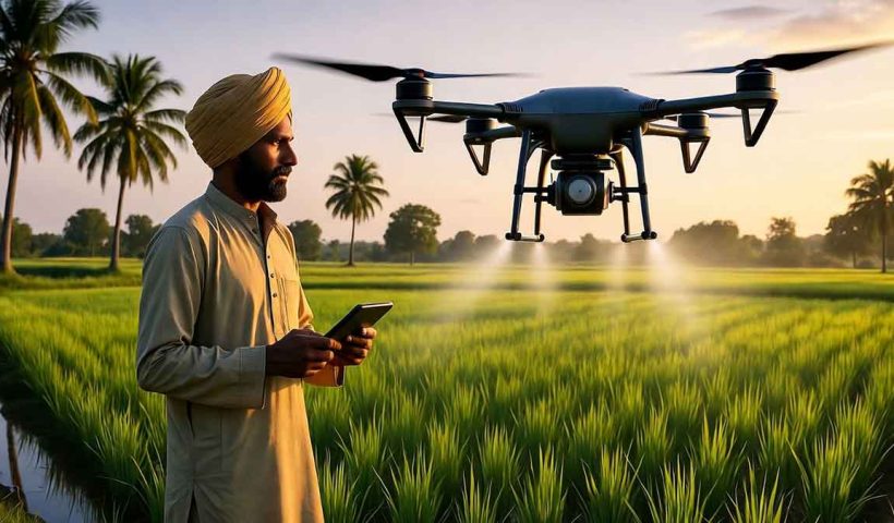 Indian farmers are adopting drone technology for smart irrigation, improving water efficiency and crop yields. Government’s Krishi Drone Scheme 2025 offers up to 50% subsidy for farmers.