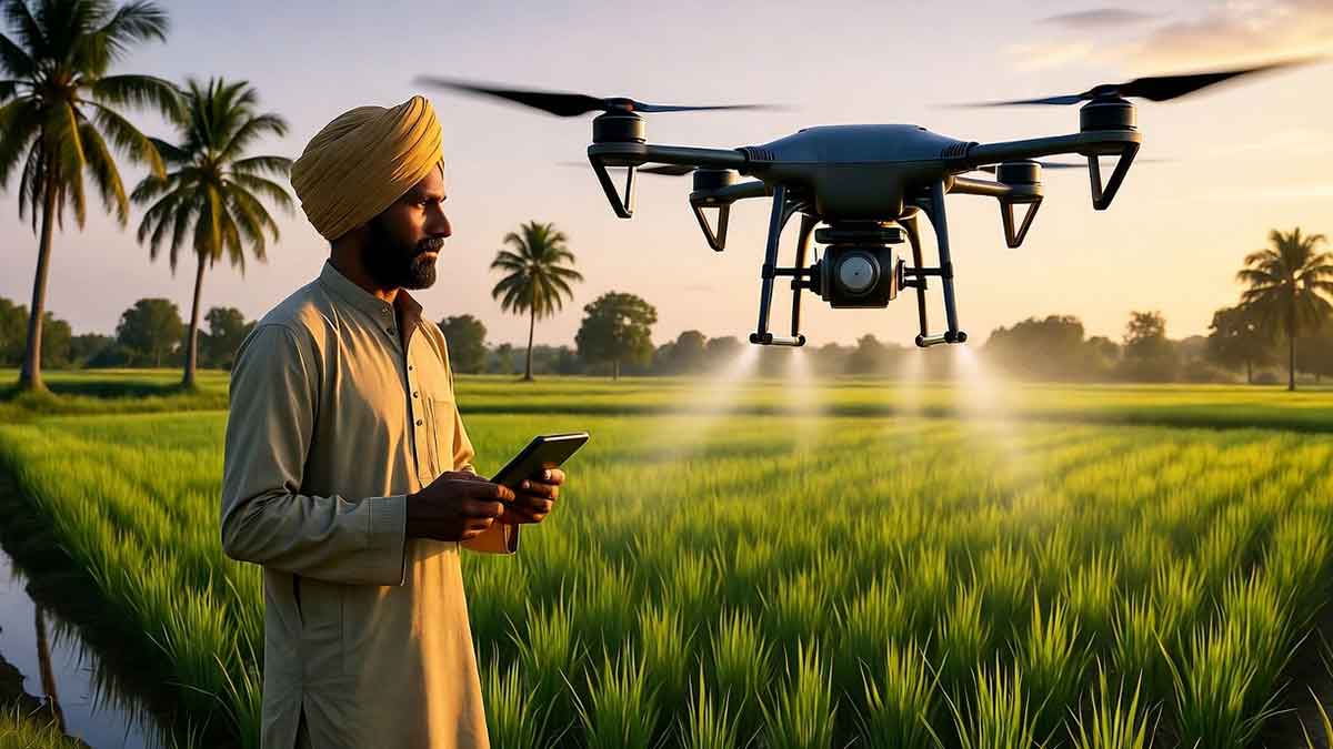 Indian farmers are adopting drone technology for smart irrigation, improving water efficiency and crop yields. Government’s Krishi Drone Scheme 2025 offers up to 50% subsidy for farmers.