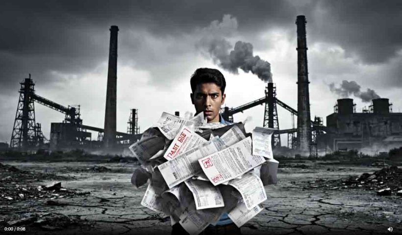 symbolic visual of a giant stack of loan papers and bank EMI documents