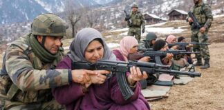 Women in Jammu Kashmir VDG training with rifles during Indian Army self-defense program