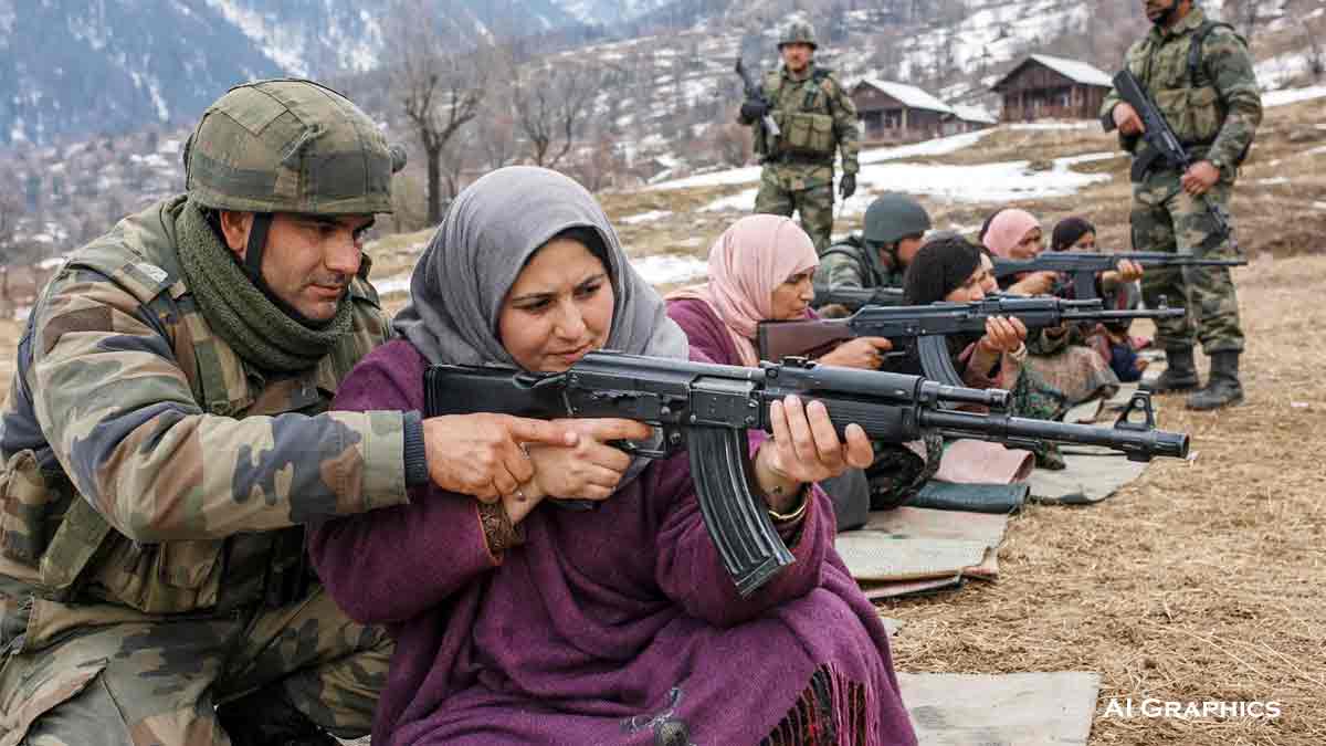 Women in Jammu Kashmir VDG training with rifles during Indian Army self-defense program