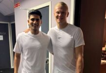 সাদা জার্সিতে দুই তারকা, হালান্ডের সই করা বুট পেলেন ভারত অধিনায়ক shubman-gill-meets-erling-haaland-manchester-city